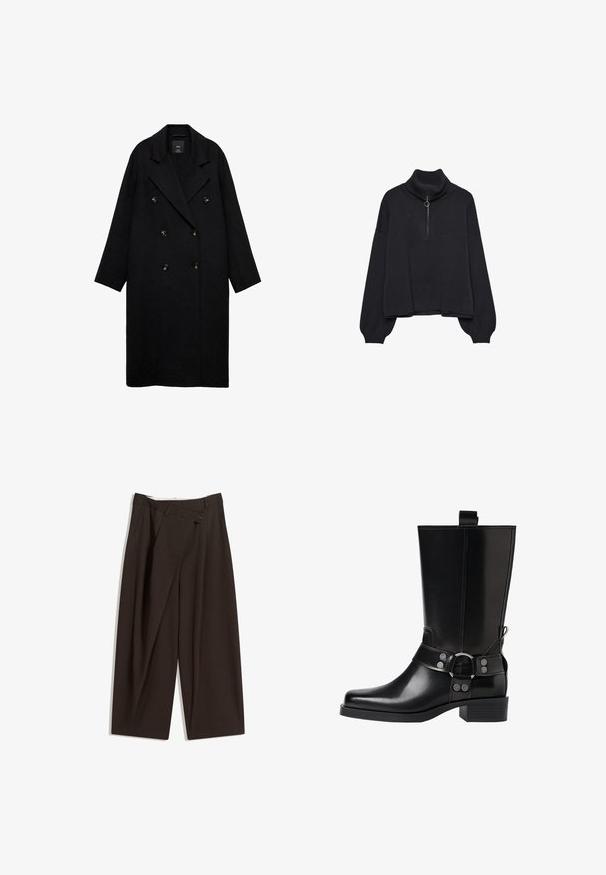 Černý dvouřadý kabát s velkými klopami, vyrobený z texturované látky. Obsahuje zlaté knoflíky a volný, rovný střih.; Černý rolák s polo zipem vpředu, přes oversized rukávy a jemnou texturou. Má žebrovaný límec a lem. Minimalistický design.; Tmavě hnědé široké kalhoty s vysokým pasem, vybavené jedním tlačítkem na zapínání a plisovaným předním dílem. Vyrobené z lehkého materiálu.; Černá kožená vysoká bunda s špičatou špičkou, stříbrnými sponami a robustní podešví. Obsahuje poutko pro snadné obutí.