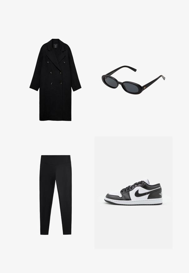 Crni dvoredni kaput s velikim reverima, izrađen od teksturiranog materijala. Ima zlatne dugmadi i labav, ravno rezan dizajn.; Kremasto bežajna dolčevita izrađena od meke pletene tkanine. Ima rebraste rukave i donji rub, s opuštenim krojem i spuštenim ramenima.; Crne tajice izrađene od glatkog, rastezljivog materijala. Imaju široki pojas i suženi kroj nogavica, pogodne za aktivno ili ležerno nošenje.; Crno-bijele Nike niske tenisice imaju glatku kožnu gornjište, okrugli vrh, vezanje na vezice i uzorčeni gumeni potplat.; Crne velike sunčane naočale s ovalnim staklima, glatkim plastičnim okvirom i zlatnim detaljima na sljepočnicama. Tamna stakla pružaju zaštitu od sunca.; Tamnosmeđa torba od brušene kože s podesivim remenom, hardverom zlatne boje i velikom prednjom preklopnom kopčom.