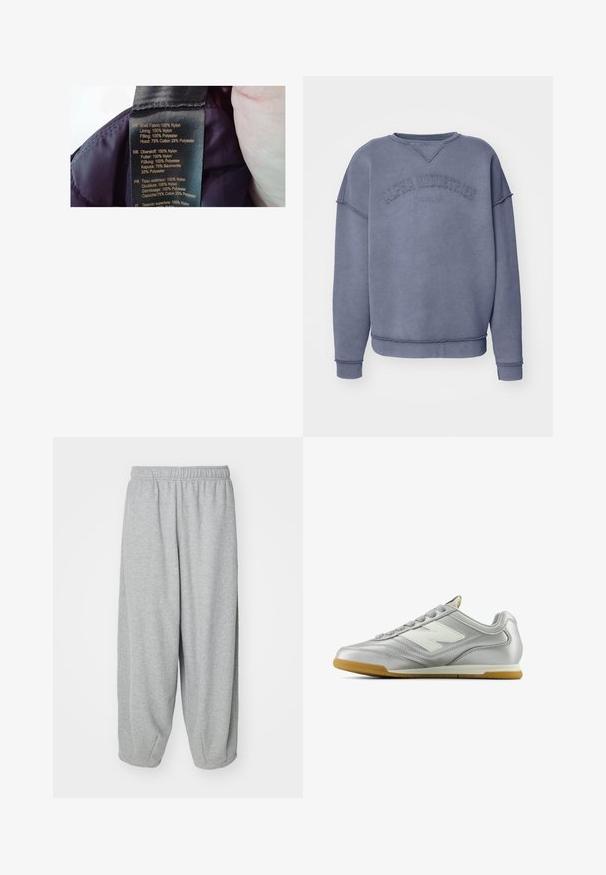 Etichetă pe un material violet, listând materialele: carcasă 100% nailon, căptușeală 100% nailon, umplutură 100% poliester, glugă 75% bumbac, 25% poliester.; Hanorac albastru dintr-un material moale, cu guler rotund, umeri căzuți și inscripția „ALPHA INDUSTRIES” reliefată pe față.; Pantaloni de trening gri deschis, cu o croială lejeră, fabricați dintr-un material moale. Talie elastică și mansete la glezne. Design simplu și neornat.; Cămașă sport argintie cu o suprafață netedă și strălucitoare, logo alb pe lateral, șireturi texturate gri și talpă din cauciuc de gumă.