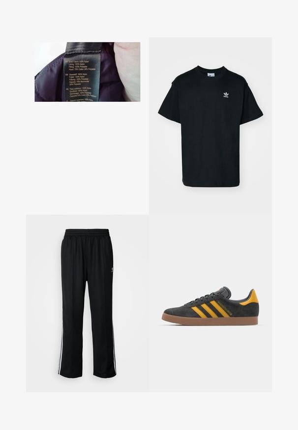 Oznaka na purpurnoj tkanini, s popisom materijala: vanjski dio 100% najlon, podstava 100% najlon, punjenje 100% poliester, kapuljača 75% pamuk, 25% poliester.; Crna pamučna majica s kratkim rukavima i okruglim izrezom, s malim bijelim Adidas logotipom s lijeve strane na prsima.; Crne sportske hlače s elastičnom trakom oko struka, s bijelim bočnim prugama i malim logotipom. Materijal izgleda mekan i lagan.; Crne nubuk tenisice s žutim detaljima, sa tri pruge i smešnim gumenim potplatom. Imaju jastučić na jeziku za udobnost.