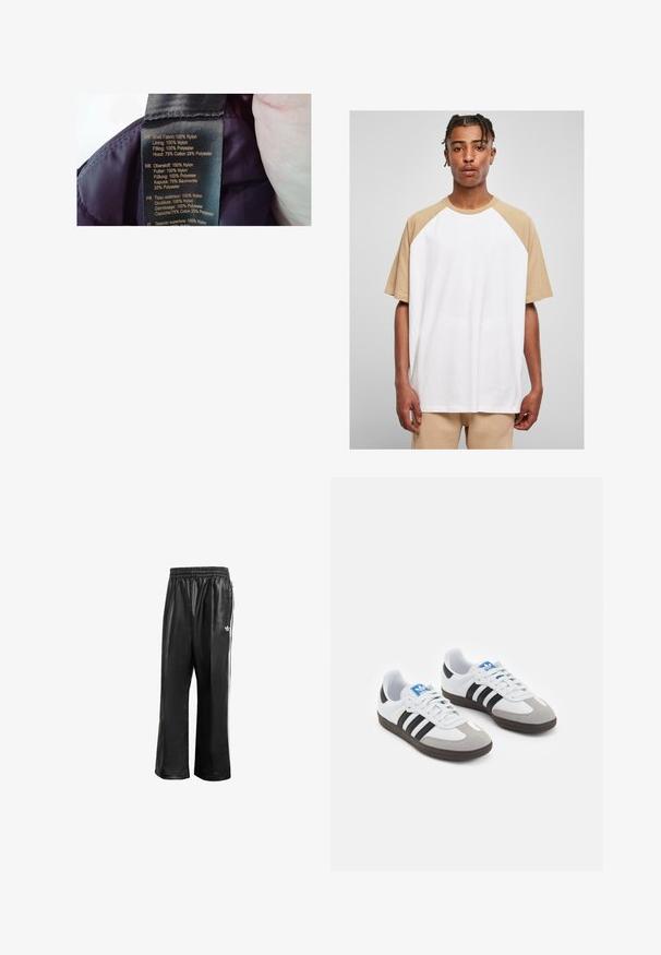 Címke egy lila anyagon, amely felsorolja az anyagokat: külső rész 100% nylból, bélés 100% nylból, töltőanyag 100% poliészter, kapucni 75% pamut, 25% poliészter.; Fehér, rövid ujjú póló bézs raglán ujjal. Simának tűnő anyag, laza fazon és kerek nyakú dizájn, egyenes szegéllyel az alján.; Fekete szintetikus tréningnadrág elasztikus derékkal, fehér oldalcsíkokkal és egy kis fehér logóval a bal csípőn.; Fehér bőr felsőrészes sportcipő, szürke velúrból készült orral és három fekete csíkkal. Jellemzője a kék logó a nyelvén és egy texturált gumitalp.