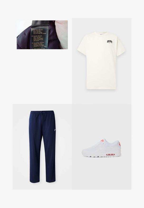 Silt pe lilla kangale, materjalid: peal 100% nailon, vooder 100% nailon, täidis 100% polüester, kapuuts 75% puuvill, 25% polüester.; Kreemivalge puuvillane t-särk lühikeste varrukatega, millel on rinnal musta ja punase tekstiga "NIKE SB". Tavaline ümmargune kaelus.; Tumedat sinised, kerged jooksupüksid, mis on valmistatud puuvilla segakangast. Omavad nöörist vöökohta ja väikest logo vasakul poolel.; Valged spordijalatsid, millel on sile pealis, seotud lipsud, pehmendusega tallad ja nähtav õhükamber, mille brändimisel on punased aktsendid.