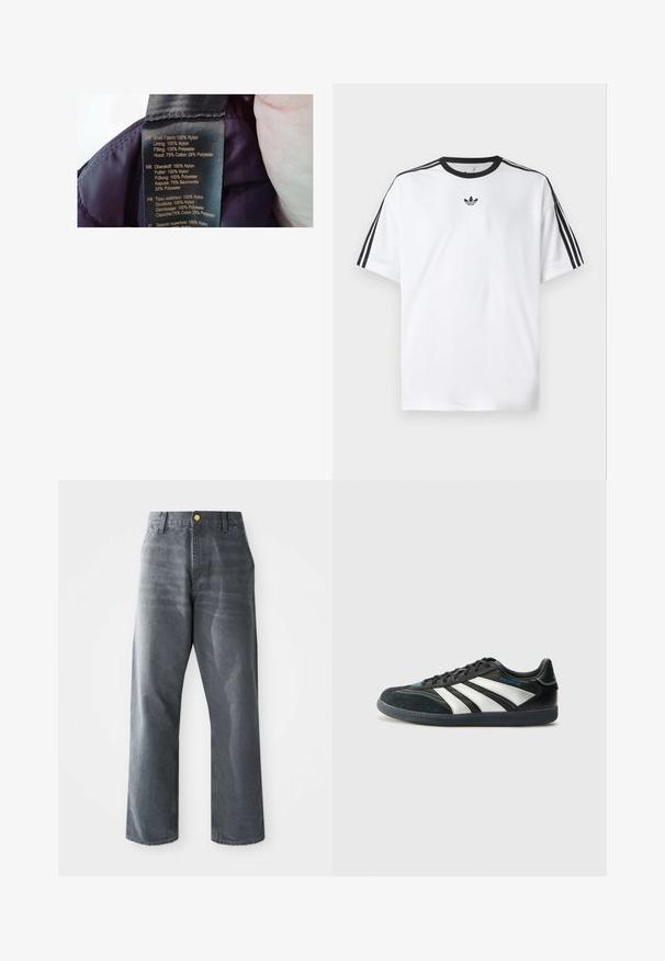 Štítek na fialové tkanině, uvádí materiály: svrchní vrstva 100% nylon, podšívka 100% nylon, výplň 100% polyester, kapuce 75% bavlna, 25% polyester.; Bílá bavlněná tričko s černým kulatým výstřihem a třemi černými pruhy na každém rameni. Malé černé logo na hrudi.; Pánské šedé denimové džíny se širokými nohavicemi a volným střihem, s předními kapsami a jedním viditelným zlatým knoflíkem na pase.; adidas Performance PREDATOR FREESTYLE JUDE INDOOR FOOTBALL SHOES - Sálové kopačky - core black/silver-coloured/glory blue