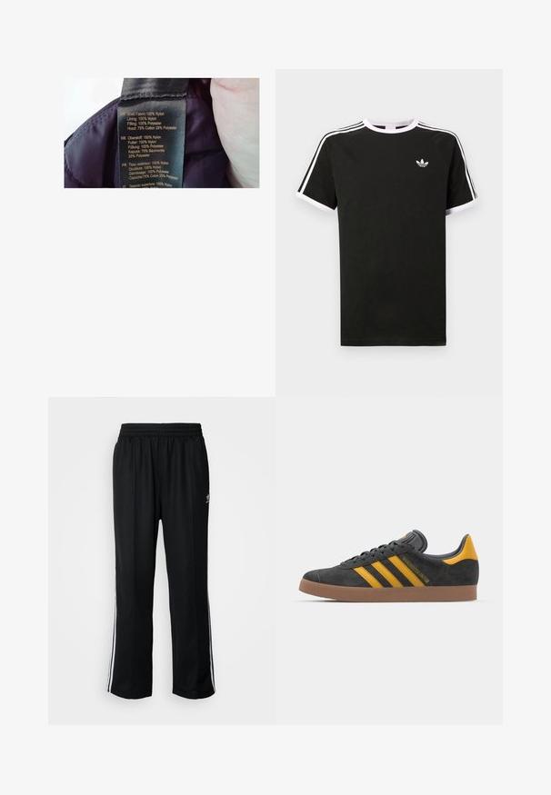 Label on a purple fabric, listing materials: shell 100% nylon, lining 100% nylon, filler 100% polyester, hood 75% cotton, 25% polyester.; Black t-shirt made of cotton with white accents. Features short sleeves, raglan design, and a small logo on the chest. Three white stripes on shoulders.; Black athletic pants with an elastic waistband, featuring white side stripes and a small logo. Material appears soft and lightweight.; Black suede sneaker with yellow accents, featuring three stripes and a brown rubber sole. Includes a padded tongue for comfort.