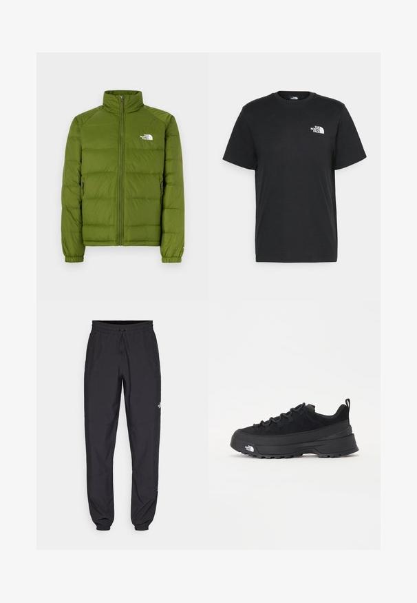 Geacă verde cu puf, cu guler tip mânecă înaltă, fermoar complet, două buzunare laterale și manșete elastice. Prezintă un design matlasat și un logo pe piept.; Tricou negru din bumbac, cu mâneci scurte, guler rotund și un mic logo alb pe pieptul stâng. Design simplu, textură netedă și croială lejeră.; Pantaloni atletici negri, confecționați dintr-un material ușor, cu un tiv elastic la talie, buzunare laterale și tivuri ajustate la gleznă.; Tenisi de exterior negri cu superior din daim, talpă din cauciuc texturat și sistem de șireturi solid. Prezintă un călcâi întărit și un logo al mărcii pe lateral.