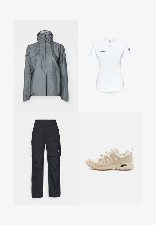 Szara wodoodporna kurtka z lekkiego materiału, z kapturem, elastycznymi mankietami i pełnym zamkiem błyskawicznym z kontrastowym czarnym wykończeniem.; Koszulka sportowa z krótkim rękawem w kolorze białym, z okrągłym dekoltem, z logo na piersi i gładką, lekką teksturą materiału.; Czarne nylonowe spodnie cargo z odpinanymi nogawkami, regulowanymi mankietami, wieloma kieszeniami oraz logo na prawej nogawce. Gładka, lekka tekstura.; Beżowe i kremowe buty sportowe z teksturowanej siateczki, wspierającymi nakładkami oraz gumową podeszwą z wzorem bieżnika zapewniającym przyczepność.