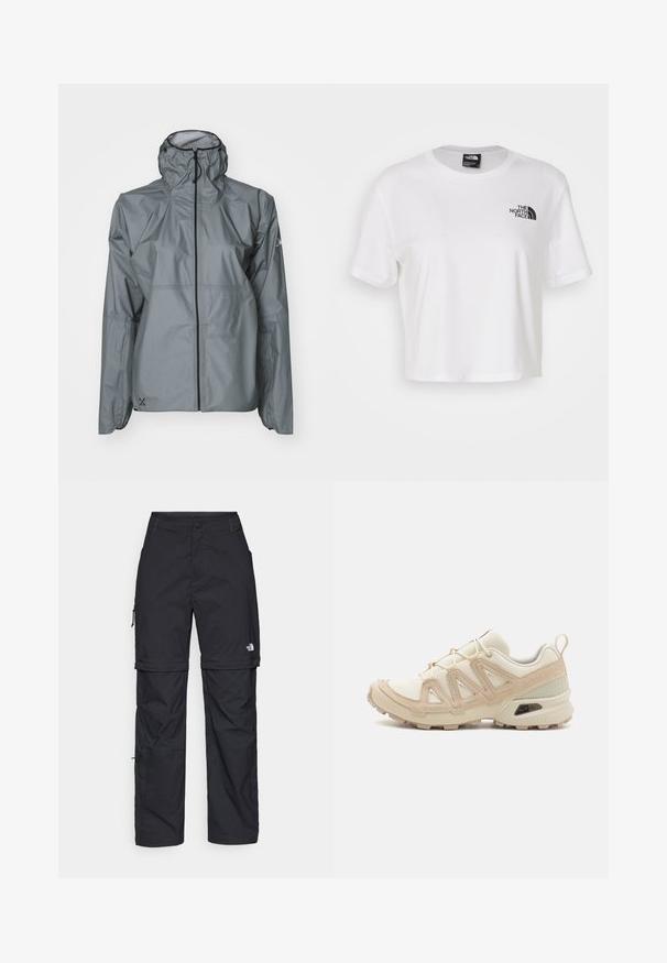 Grå vandtæt jakke lavet af letvægtsmateriale, med hætte, elastiske manchetter og en fuldlængde lynlås med kontrasterende sort kant.; Hvid cropped t-shirt lavet af bomuld med rund halsudskæring og korte ærmer. Har et sort logo på venstre bryst.; Sorte nylon cargo bukser med lynlås, justerbare manchetter, flere lommer og et logo på højre ben. Glat, let tekstur.; Beige og creme atletiksko med struktureret mesh-overdel, støttende overlays og gummiyderside med et mønster for trækkraft.