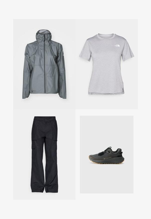 Gray waterproof jacket made of lightweight material, featuring a hood, elastic cuffs, and a full-length zipper with a contrasting black trim.; Grey short-sleeve t-shirt made of soft, moisture-wicking fabric. Features a crew neck and a small white logo on the upper left.; Columbia BREA FALLS™ COTTON RIPSTOP PANT - Outdoor trousers - black; Columbia TERRASTRIDE CRZ - Hiking shoes - shark/black