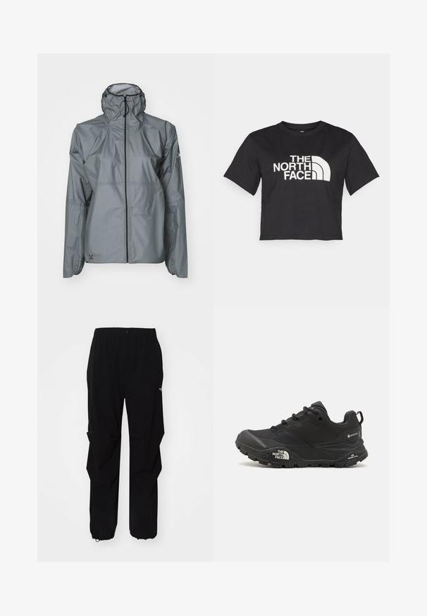 Γκρι αδιάβροχο μπουφάν φτιαγμένο από ελαφρύ υλικό, διαθέτοντας κουκούλα, ελαστικούς μανσέτες και φερμουάρ πλήρους μήκους με αντίθετη μαύρη επένδυση.; Μαύρο κοντό μπλουζάκι φτιαγμένο από βαμβάκι, με λευκό λογότυπο με καμπυλωτές λεπτομέρειες και κείμενο "THE NORTH FACE" στο μπροστινό μέρος. Κοντά μανίκια, στρογγυλή λαιμόκοψη.; Μαύρο παντελόνι εξωτερικού χώρου φτιαγμένο από ανθεκτικό υλικό, με άνετη εφαρμογή, ελαστική μέση και σφιχτές μανσέτες για ρυθμιζόμενο μήκος.; Μαύρο ορειβατικό παπούτσι με υφή στην πάνω επιφάνεια, κούμπωμα με κορδόνια και χοντρή καουτσούκ σόλα που διαθέτει ένα προεξέχον λογότυπο στο πλάι και σχέδια στο ελαστικό.