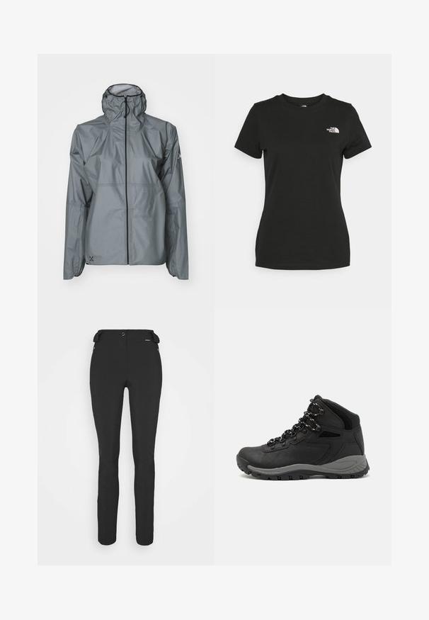 Gray waterproof jacket made of lightweight material, featuring a hood, elastic cuffs, and a full-length zipper with a contrasting black trim.; Black cotton t-shirt featuring a crew neckline and short sleeves. Notable white logo on the upper left side. Smooth texture, casual fit.; Black, fitted pants made from a flexible material. Features include a zippered side pocket, articulated knees, and a smooth texture.; Black hiking boot with a mid-top design, featuring a textured upper, gray accents, and durable rubber sole with traction lugs.