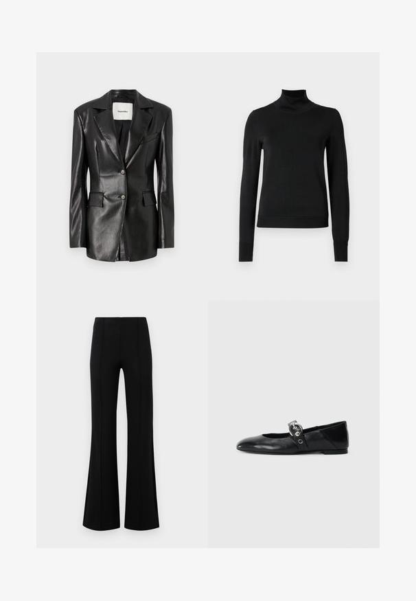 Črn usnjen blazer z izrezanim ovratnikom, dvema sprednjima žepoma, zapiranjem na en gumb in rahlo prilegajočim krojem. Gladka tekstura.; Črni pulover s dolgimi rokavi in vratnikom, z rebrastimi манжетами in robom, prikazan na enobarvni beli podlagi.; Črne krilate hlače z visokim pasom, izdelane iz raztegljive tkanine. Imajo vertikalne šive na sprednji strani in gladko teksturo.; Črne usnjene baletne balerinke s koničastim nosom, ki imajo trak z okroglo kovinsko zaponko in ravno podplat.