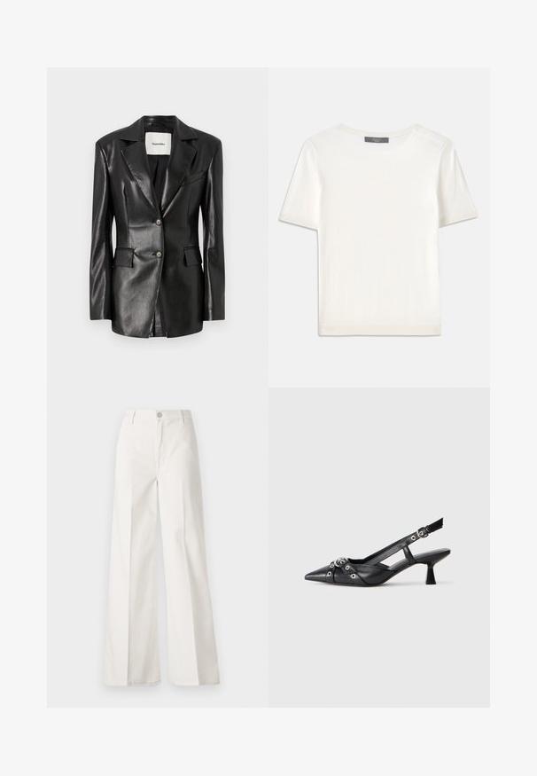 Must valge nahast bleiser, millel on lõigatud krae, kaks esikotti, ühe nööpiga kinnitamine ja kergelt kohandatud istuvus. Sile tekstuur.; Valge lühikeste varrukatega soonikutega viimistletud ringkaelusega kampsun, millel on sile tekstuur.; Valged laiade jalgadega püksid, mis on valmistatud siledast puuvillast. Omab esitallist ning lukuga sulgemist ja nelja tasku disaini.; Must must have must toote tõmblukuga, dekoratiivsed rihmad metallist silmadega ja madal blokk-kand. Tekstureeritud pind.