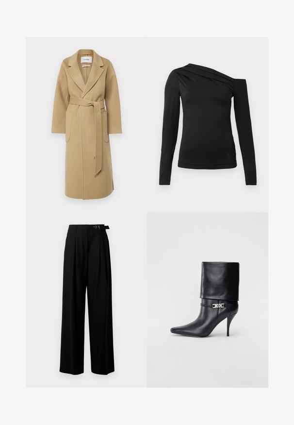 IVY OAK CELIA - Casaco clássico - caramel; Camisa preta de mangas longas com um decote assimétrico, apresentando um ombro exposto e um drapeado suave pelo peito.; Calças largas pretas de cintura alta, com pregas à frente e um cinto com fivela. Feitas de um tecido liso e leve.; Bota de tornozelo em couro preto com bico fino, alto salto stiletto, punho dobrado e detalhe decorativo em fivela dourada no tornozelo.