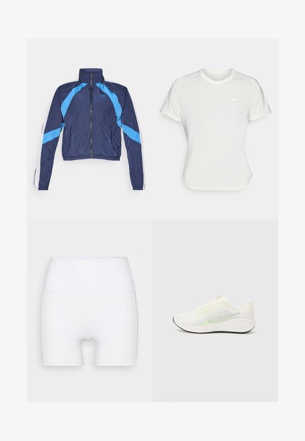 Navy blue windbreaker jacket with light blue accents, zip closure, high collar, and elastic cuffs. Made from lightweight, shiny fabric.; Nike T-shirt in white, short sleeves, round neckline, made from a smooth, lightweight fabric. Features a subtle logo on the chest.; White high-waisted shorts made from stretch fabric. Features a smooth texture and fitted design, with no additional patterns or hardware.; Nike Performance DOWNSHIFTER 13 - Road running shoes - sail/silver-coloured photon dust/summit white/barely volt/black