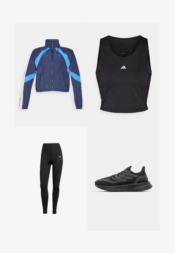 Námořnická modrá větrovka s světle modrými akcenty, zipovým zapínáním, vysokým límcem a elastickými manžetami. Vyrobena z lehkého, lesklého materiálu.; Černý sportovní crop top vyrobený z látky odvádějící vlhkost, s kulatým výstřihem, bez rukávů a bílým logem na hrudi.; Černé sportovní legíny s vysokým pasem. Vyrobené z elastického materiálu, který má bílé logo na horní levé straně.; Černé sportovní boty s vrchní částí z prodyšné síťoviny, texturovanými panely, detaily s třemi pruhy a zakřivenou podešví označenou "LIGHT BOOST".