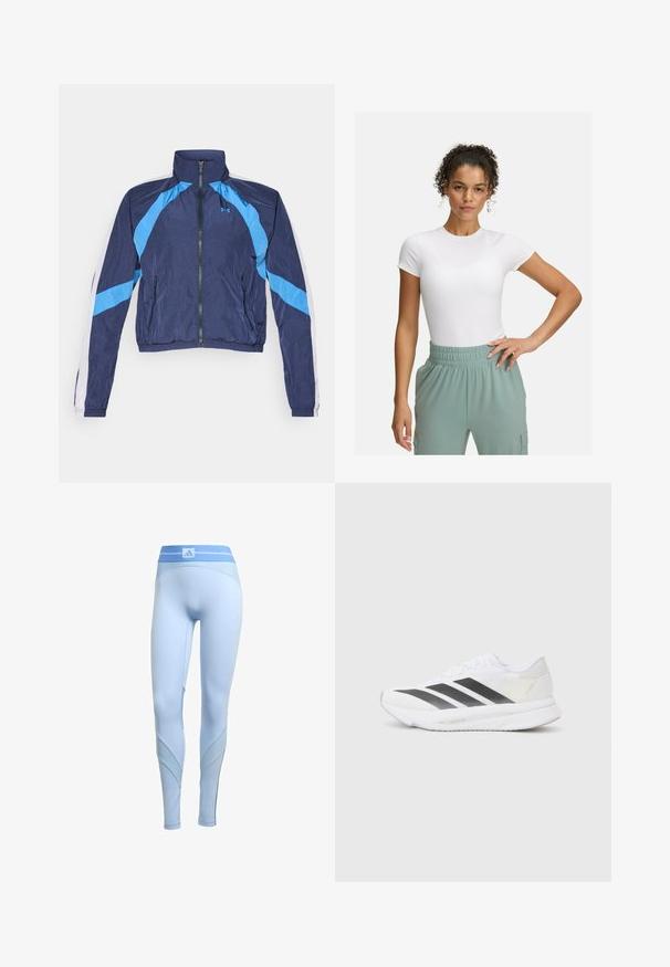 Marinblå vindskyddsjacka med ljusblå detaljer, dragkedjestängning, hög krage och elastiska muddar. Tillverkad av lätt, glänsande tyg.; Vit åtsittande t-shirt med korta ärmar, kombinerad med byxor i ljusgrön med resårmidja. Slät textur, minimalistisk design och inga synliga mönster.; Ljusa blå sportleggings med en åtsittande design, som har ribbade detaljer vid midjan och sidorna, samt en mjuk textur genom hela plagget.; Vita sportskor i vitt med svarta diagonala ränder, överdel i mesh, rundad tå och texturerad sula. Accenter inkluderar en silverfärgad häl och en minimalistisk design.