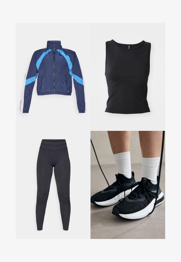 Jachetă de vânt de culoare albastră închisă cu accente de un albastru deschis, închidere cu fermoar, guler înalt și manșete elastice. Fabricată dintr-un material ușor și strălucitor.; Top athletic negru fără mâneci, realizat dintr-un material neted, cu un decolteu rotund și o siluetă mulată, având detalii discrete ale logo-ului.; Colanți negri cu un tiv elastic înalt, având inscripția "UNDER ARMOUR". Textură netedă cu accente subtile de model pe lungimea picioarelor.; Căști atletice negre cu țesătură texturată, talpă albă și șireturi negre. Purtați cu șosete albe cu riflaje, stând pe o suprafață deschisă.
