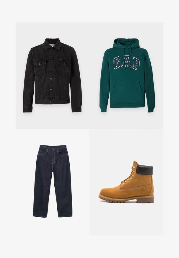 Čierna denimová bunda s klasickým dizajnom, ktorá má dve náprsné vrecká, gombíkový predný panel a mierne textúrovaný povrch.; Tmavomodrá mikina z bavlneného zmesi, s veľkým logom "G.A.P." v bielej a námorníckej modrej farbe, prednou klokankou a kapucňou so šnúrkou.; Tmavomodré džínsy s voľným strihom, so piatimi vreckami, kontrastným žltým prešívaním a zapínaním na gombík vpredu.; Tyrkysové semišové členkové topánky s čiernym polstrovaným golierom, zlatými kovovými očkami, bielym prešívaním a robustnou gumovou podrážkou s výraznými drážkami.