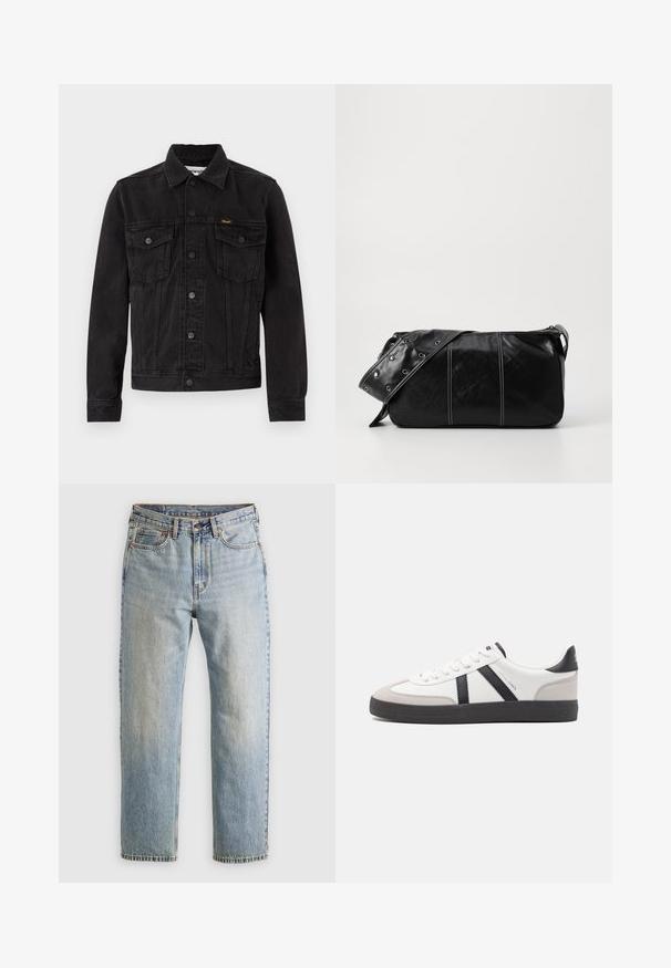 Black denim jacket with a classic design, featuring two chest pockets, a button front, and a slightly textured finish.; Light gray sweatshirt with a large graphic of a jumping fish, mountains, and trees, with "Montana The Big Country" text in orange and green.; Light blue denim jeans with high waist, front button, zipper, and five-pocket design, laid flat on a neutral background.; White sneaker with black and gray accents, featuring a textured gray toe cap, black rubber sole, and flat white laces. Clean design, minimalist style.; Black leather shoulder bag with a zip closure, featuring a textured body, white stitching, and a strap with silver grommets.