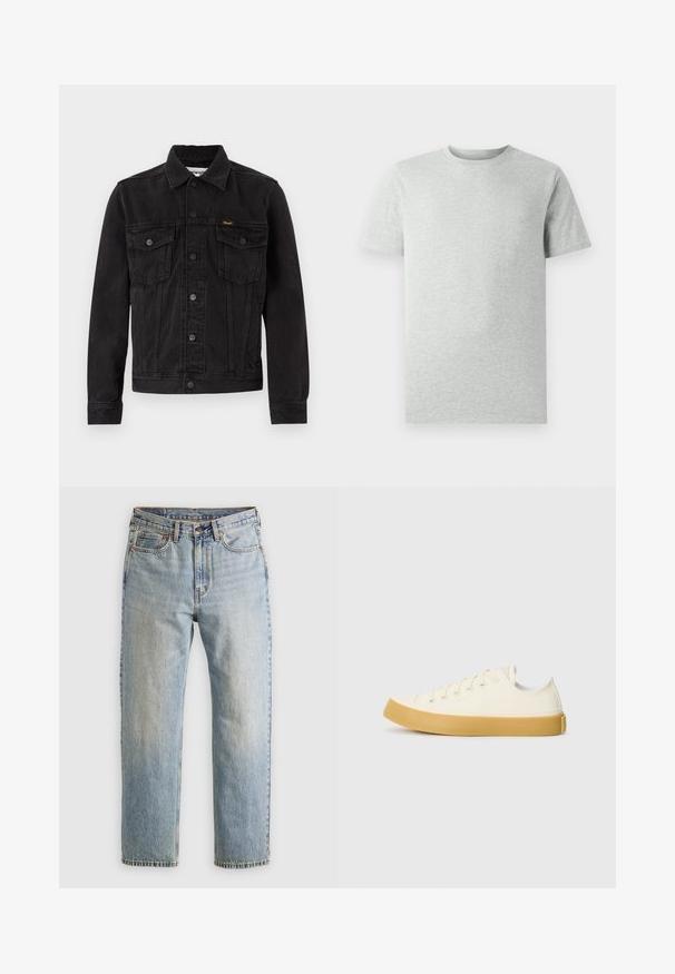 Mustmustest mustükk klassikalise disainiga, millel on kaks rinna taskut, nööbiga esiosa ja veidi tekstureeritud pind.; Ühtlane heledahall lühikeste varrukatega ümmarguse kaelusega T-särk, esiplaanil, valge tausta ees, ilma nähtavate logode või kujunditeta.; Heledad hele sinine teksapükste kõrge vöökoht, ees nupuga, lukuga ja viie taskuga disain, asetatud tasasele neutraalsele taustale.; Kangasneakerid kreemjas valges, ümmarguse varbaga, beeži kummitaldaga ja viie silmaga paelte jaoks, tekstuurse viimistlusega ülaserv.