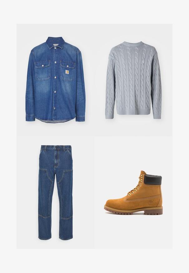 Carhartt WIP HARVEY SHIRT - Jeansjacka - blue dark bleached; Ljusblå, stickad tröja med flätstickat mönster, långa ärmar och rund halsringning. Ribbad mudd och nederkant ger textur och struktur.; Blå denimjeans med rak benform, framfickor och kontrasterande stygn. Tyget har en klassisk textur och finish.; Tan mockasins ankelstövlar med svart vadderad krage, guldmetallöglor, vit sömdekor och slitstöt gummisula med utmärkta mönster.
