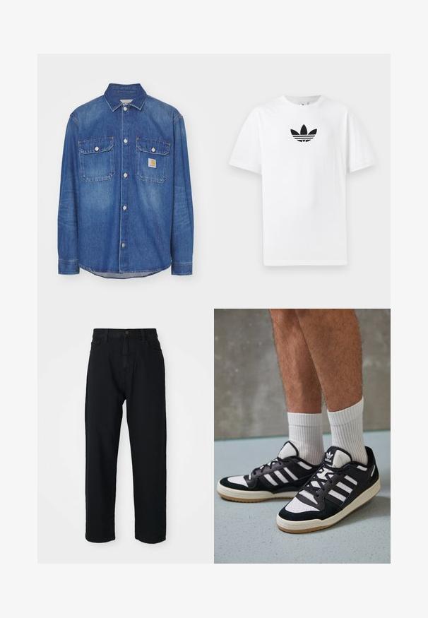 Carhartt WIP HARVEY SHIRT - Τζιν μπουφάν - blue dark bleached; Λευκή βαμβακερή μπλούζα T-shirt με μαύρο λογότυπο Adidas στο κέντρο. Βραχίονας κοντός και σχέδιο με στρογγυλή λαιμόκοψη. Μαλακή υφή.; Μαύρο τζιν παντελόνι με ίσια κοπή. Διαθέτει κλασικό σχέδιο πέντε τσεπών, κλείσιμο με κουμπί και διακριτική υφή υφάσματος.; Μαύρα και λευκά αθλητικά παπούτσια με άνω μέρος από σουέτ και δέρμα, featuring τρεις λευκές ρίγες, περατά δάχτυλα και σόλα από καουτσούκ τύπου γκαστ.
