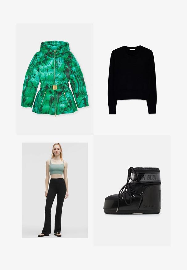 Zelena pufi jakna z marmoriranim vzorcem, ki ima cinčeno pasu, žepom z zadrgo in zlatim pasom kot okras.; Črna jopica iz mehke tkanine, z okroglim izrezom in dolgimi rokavi. Oblika je krajšana z rebrastimi manšetami in robom.; Zeleni rebrasti kratki top z tanjšimi naramnicami, v kombinaciji z visokotlačnimi črnimi širokimi leginami in črnimi natikači na nevtralni podlagi.; Črne mesečne škornje z sijajno površino, okroglo konico, podloženo zgornjišče in teksturiran podplat. Imajo vezalke in vtisnjeno blagovno znamko na strani.