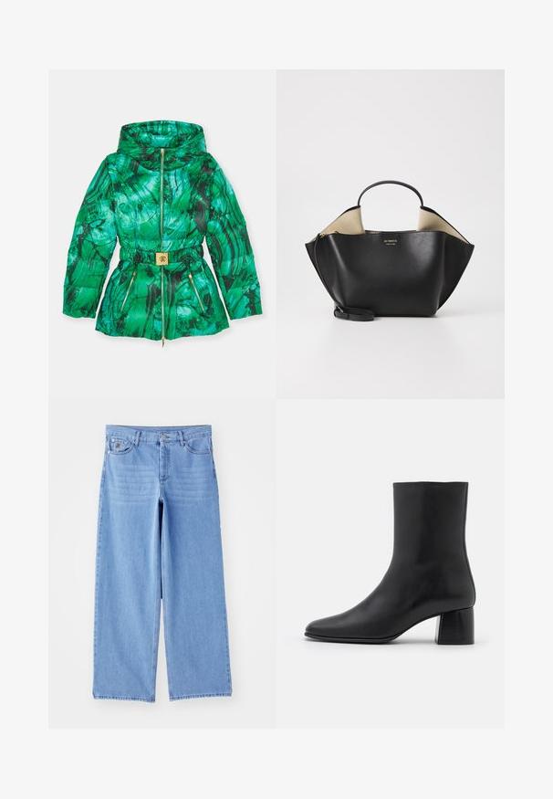 Zielona kurtka puchowa z marmurkowym wzorem, z wcięciem w talii, kieszeniami na zamek oraz akcentem w postaci złotej klamry pasa.; Czarny, długi rękaw top wykonany z miękkiego materiału, z okrągłym dekoltem i luźnym krojem z bocznymi rozcięciami u dołu, zapewniającymi swobodę ruchów.; Jasnoniebieskie dżinsy o szerokich nogawkach, wykonane z denimu, z klasycznym pięciopocketowym wzorem i zapięciem na guzik. Gładka tekstura, postrzępiony dół.; Czarne skórzane botki za kostkę z ostrym noskiem i masywnym kwadratowym obcasem. Gładka faktura z bezszwowym designem i minimalnym przeszyciem.; Ree Projects - Torebka