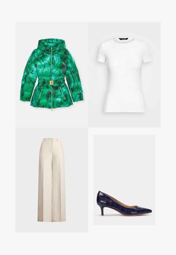 Zelena pufasta jakna s mramornim uzorkom, koja ima suženi struk, džepove sa patentnim zatvaračem i akcent zlatne kopče na remenu.; Bijela pamučna majica s kratkim rukavima, okruglim izrezom, tijesnim krojem i glatkom teksturom. Oznaka s logom na izrezu.; Bež hlače širokih nogavica od lagane tkanine. Imaju visoki struk, kopčanje na gumb i dva prednja džepa s čistim završetkom.; Navy plava, lakirana visoka peta s uskim vrhom i malom, vitkom potpeticom. Sadrži kviltanu teksturu i bez vidljivih metalnih detalja.