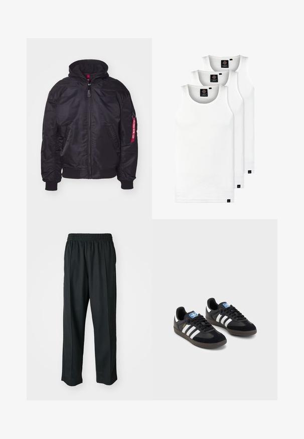 Zwarte bomberjack met een afneembare capuchon, ritsluiting, geribbelde manchetten en zijzakken. Heeft een rood label op de mouw voor detail.; Drie witte geribde tanktops van katoen. Kenmerken zijn een ronde hals en kleine zwarte labels nabij de zoom. Verkrijgbaar in meerdere maten.; Zwarte sportbroek met een elastische tailleband, gemaakt van gladde stof, met subtiele zijnaad en een relaxte pasvorm, recht gesneden.; Zwarte sneakers met een bovenwerk van suède en synthetisch materiaal, voorzien van drie witte strepen, een gestructureerde rubberen zool en een blauw logo-label op de tong.
