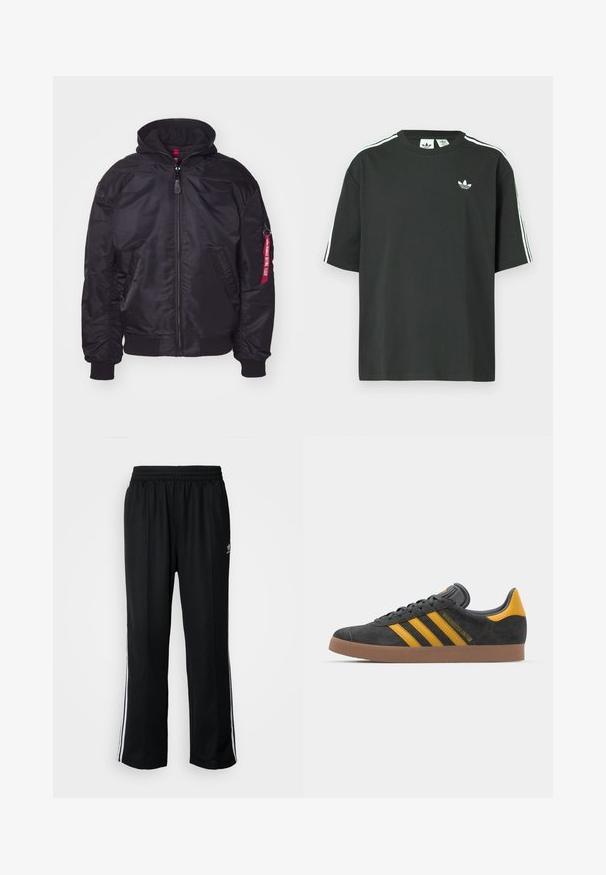 Zwarte bomberjack met een afneembare capuchon, ritsluiting, geribbelde manchetten en zijzakken. Heeft een rood label op de mouw voor detail.; Zwart katoenen T-shirt met korte mouwen, ronde hals en witte drie-strepen details op de schouders. Heeft een klein wit logo op de borst.; Zwarte sportbroeken met een elastische tailleband, voorzien van witte zijkanten en een klein logo. Het materiaal lijkt zacht en lichtgewicht te zijn.; Zwarte suède sneakers met gele accenten, voorzien van drie strepen en een bruine rubberen zool. Inclusief een gevoerde tong voor comfort.