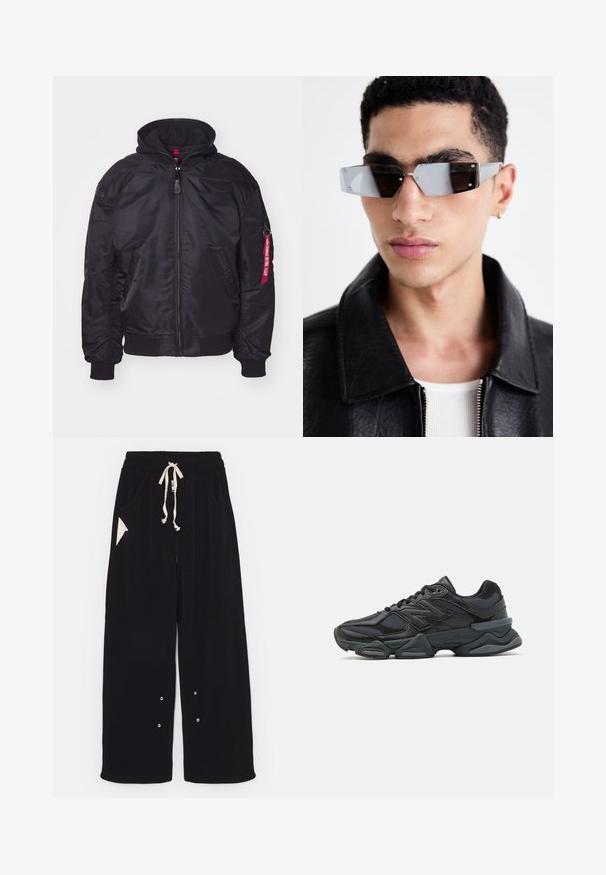 Črna bomberska jakna z odstranljivo kapuco, zadrgo, rebrastimi manšetami in stranskimi žepi. Ima rdečo oznako na rokavu za dodatno podrobnost.; Črno kratko majico s kratkimi rokavi iz bombaža, z okroglo ovratnico in sproščenim krojem. Gladka tekstura z minimalnimi detajli šivanja.; Črne široke hlače iz mehkega blaga z elastičnim pasom na vrvico, stranskimi žepi in trikotnim dodatnim žepom. Vključeni so srebrni detajli.; Črne tekaške superge, ki združujejo mrežaste in sintetične materiale, imajo debel podplat, ukrivljen oblikovni slog ter izrazito blagovno znamko na strani.; Angularne sončne očala s sivim tonom in srebrnim okovjem, postavljena na svetli podlagi. Leče imajo edinstveno geometrijsko obliko.