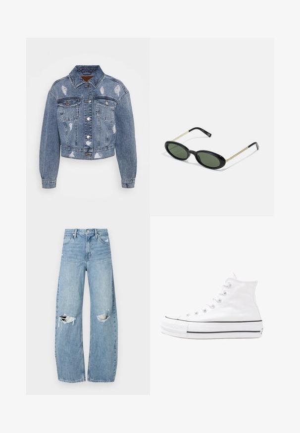 ONLY ONLMALIBU JACKET - Denim jacket - medium blue denim; Black long-sleeve bodysuit with a high neck, featuring solid fabric on the torso and sheer mesh sleeves, designed in a fitted shape.; Light blue, high-waisted jeans made of denim. Feature wide legs, two torn knee areas, and classic five-pocket styling.; White high-top canvas sneaker with black rubber sole, front rubber toe cap, and six eyelets for laces, featuring a clean, minimalist design.; Oval-frame sunglasses with green lenses, black plastic front, and thin gold metal temples. Features a minimalist design with smooth texture.
