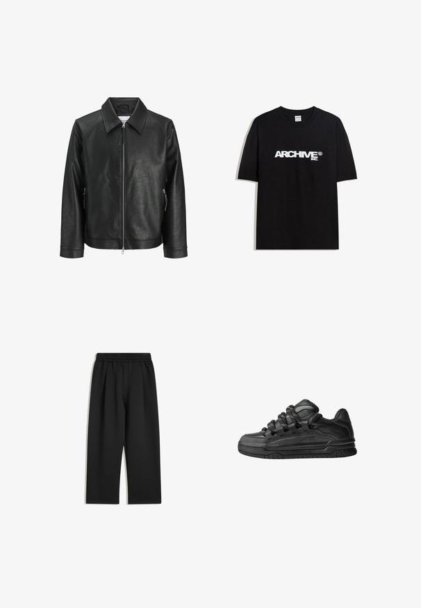 Crna kožna jakna s ovratnikom, patentnim zatvaračem sprijeda i bočnim džepovima. Ima teksturiranu površinu i pojednostavljeni dizajn.; Crna pamučna majica s bijelim 'ARCHIVE inc.' logotipom preko prsa, kratkim rukavima i okruglim izrezom.; Crne hlače širokih nogavica s elastičnim pojasom i bočnim džepovima, prikazane ravno na bijeloj pozadini.; Crne tenisice s glatkom kožnom gornjom površinom, teksturiranim detaljima i okruglim crnim i bijelim vezicama. Debeli gumeni potplat s uzorkom.