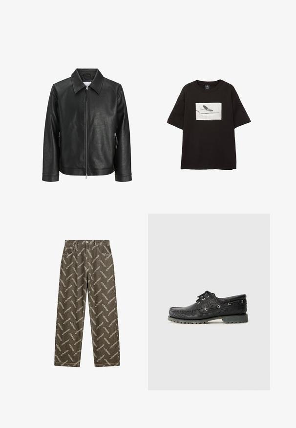 Czarna skórzana kurtka z kołnierzem, zamek z przodu i kieszeniami bocznymi. Posiada strukturę o fakturowanej powierzchni oraz elegancki design.; Czarny bawełniany t-shirt z krótkim rękawem, z białą prostokątną grafiką muchy na cienkiej linii, minimalne logo poniżej obrazu.; Spodnie dżinsowe w kolorze khaki z ogólnym wzorem piór w jasnym beżu. Luźny krój, standardowe kieszenie i kontrastowe szwy.; Czarne teksturowane buty na sznurówki z okrągłym noskiem, metalowymi oczkami i szorstką, szaro-rubbertową podeszwą. Posiadają pleciony wzór na cholewce.