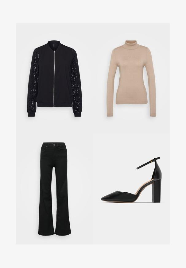 Crna bomber jakna s prednim zatvaračem, s čvrstim tijelom i rukavima prekrivenim štrasom. Teksturirana, s elastičnim manžetama i rubom.; Bež džemper s rolkragnom napravljen od mekanog pletenog materijala. Ima duge rukave, uski kroj, te rebrasti vrat i rub.; Crne široke traperice od denima, s visokim strukom, pet džepova i metalnim zatvaračem. Glatka tekstura s minimalnim detaljima.; Crne kožne cipele s visokom potpeticom, remenom oko gležnja, izduženim nosom i kvadratnom masivnom petom. Glatka tekstura s minimalističkim dizajnom.