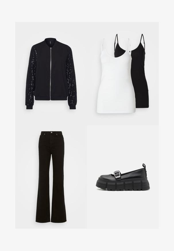 Svart bomberjakke med glidelås foran, med solid stoffkropp og paljettforede ermer. Teksturert, med elastiske mansjetter og kant.; To kvinner i tank tops: en hvit og en svart, laget av mykt stoff, med tynne stropper og dyp V-hals.; Høyt liv svarte utsvingte jeans laget av denim, med knappelukking, sidelommer og en glatt tekstur.; Sorte plattform loafers med avrundet tå, glatt lær-overside, justerbar spenne og teksturert gummisåle med horisontale riller.
