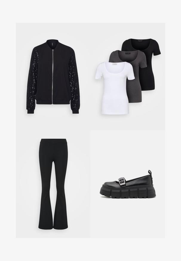 Musternahkade nahanööpidega must bomber-jakk, millel on ühtlane kangas kehaosa ja litritega varrukad. Varrukad on tekstuuriga ning kummist mansetid ja alus.; Kolm mugavat T-särki valges, hallis ja mustas värvitoonis. Igal särgil on lai madal kaelus ja lühikesed varrukad. Valmistatud siledast, venivast kangast.; Mustad flared püksid venivast kangast, kõrge vöökoht ja sile tekstuur. Püksid laienevad põlve kohalt.; Mustad platvormi loafers musta värvi, ümmarguse varba, sileda nahast ülaosa, reguleeritava pandlaga ja tekstuuriga kummist tallaga, millel on horisontaalsed sooned.