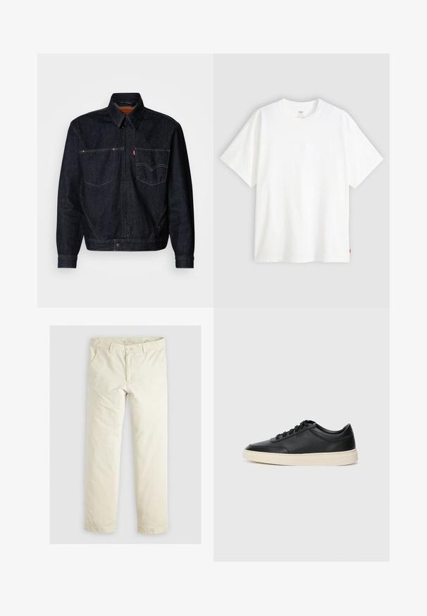 Tumši džinsi jaka ar priekšējo rāvējslēdzēju, divām krūšu kabatām un apkakli. Iekļauj kontrastējošas šuves un zīmolu etiķeti kreisajā kabatā.; Balta īslaicīga T-krekla ar īsām piedurknēm, kas izgatavots no kokvilnas, ar apaļu kakla izgriezumu. Priekšpusē ir smalks reljefs ar logotipu un sarkans birka apakšmalā.; Gaiši beigu brīvi pieguļoši bikses ar trim kabatām, jostu cilpām un taisnu kāju dizainu. Izgatavotas no mīksta kokvilnas auduma maisījuma.; Melnas zemas ādas sporta kurpes ar melnām auklām un off-white zoli, rādītas no sānu profila uz baltā fona.