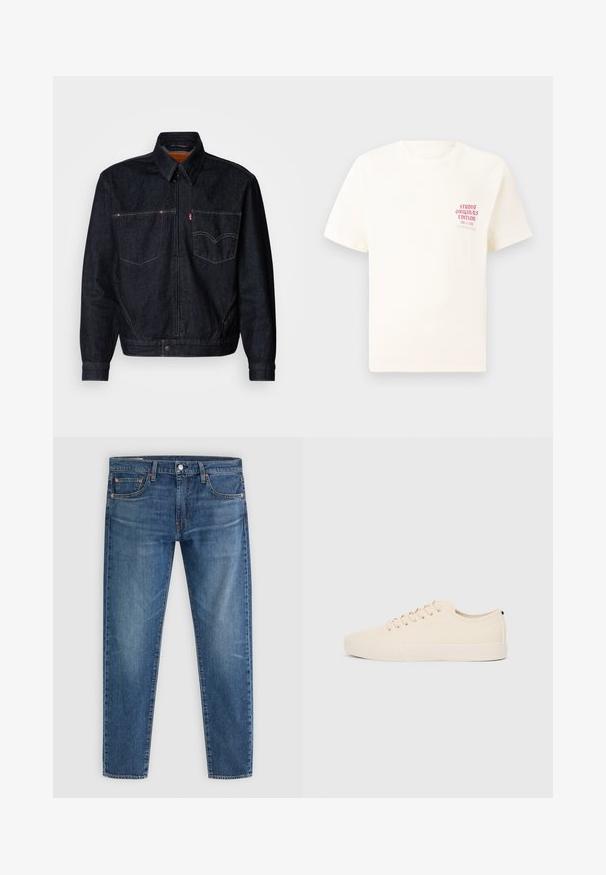 Chaqueta de mezclilla oscura con cremallera frontal, dos bolsillos en el pecho y un cuello. Presenta costuras en contraste y una etiqueta de marca en el bolsillo izquierdo.; Camiseta blanca de manga corta con el texto rojo "Edición de Studio Originals" en el lado izquierdo del pecho, exhibida sobre un fondo gris neutro.; Jeans de mezclilla azul con un diseño clásico de cinco bolsillos y un ligero desgastado en los muslos y las rodillas, exhibidos en plano sobre un fondo claro.; Zapatillas de lona beige con puntera redonda, suela de goma plana y cierre de cordones en la parte delantera. Presentan un diseño minimalista y un acento negro contrastante en el talón.