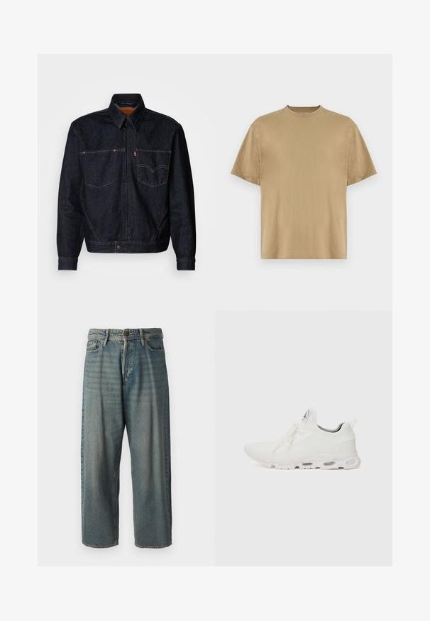 Temno modra denim jakna z zadrgo spredaj, dvema prsoma žepoma in ovratnikom. Ima kontrastno šivanje in označeno nalepko na levem žepu.; Khaki majica s kratkimi rokavi, izdelana iz mehkega materiala, z okroglo ovratnico in sproščenim krojem. Brez vzorcev ali grafik.; Svetlomoderne kavbojke z ohlapnim krojem, srednjim pasom in ravnimi nogami. Imajo pet žepov, zanke za pas in zapiranje na gumb.; Bela atletska obuća z značilnom pletenom gornjom stranom, ravnim vezicama i podlogom s jastučićem koja ima vidljive zračne komore za dodatnu potporu.