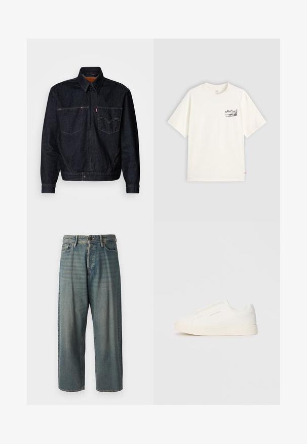 Dark denim jacket with a front zipper, two chest pockets, and a collar. Features contrasting stitching and a branded label on the left pocket.; White short-sleeve t-shirt made of cotton, featuring a black graphic design on the left chest area with the word "Fresh."; Light blue denim jeans with a loose fit, mid-rise waist, and straight legs. Features five pockets, belt loops, and a button closure.; White slip-on sneakers with a textured surface, a thick sole, and minimalistic design. Features brand logo on the side.