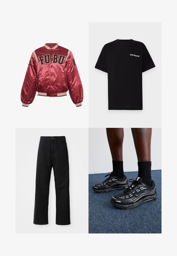 Rdeča satenska bomber jakna z rebrastimi manšeti in robom. Vezena FUBU logo spredaj; črni detajli in črtasti vzorec na rokavih.; Črna bombažna majica s kratkimi rokavi, okroglim izrezom in belim napisom "Carhartt" na levi prsni strani. Gladek tekstura, minimalističen dizajn.; Črni kavbojki z ravnim krojem, ki imajo sprednje žepke, zadrgo in en zgornji gumb. Teksturovan material z mat zaključkom.; Črne Nike čevlje imajo mrežasto zgornji del z naglasnimi črtami, teksturirane vezalke in črn gumijast podplat. Nosijo se s črnimi rebrastimi nogavicami.