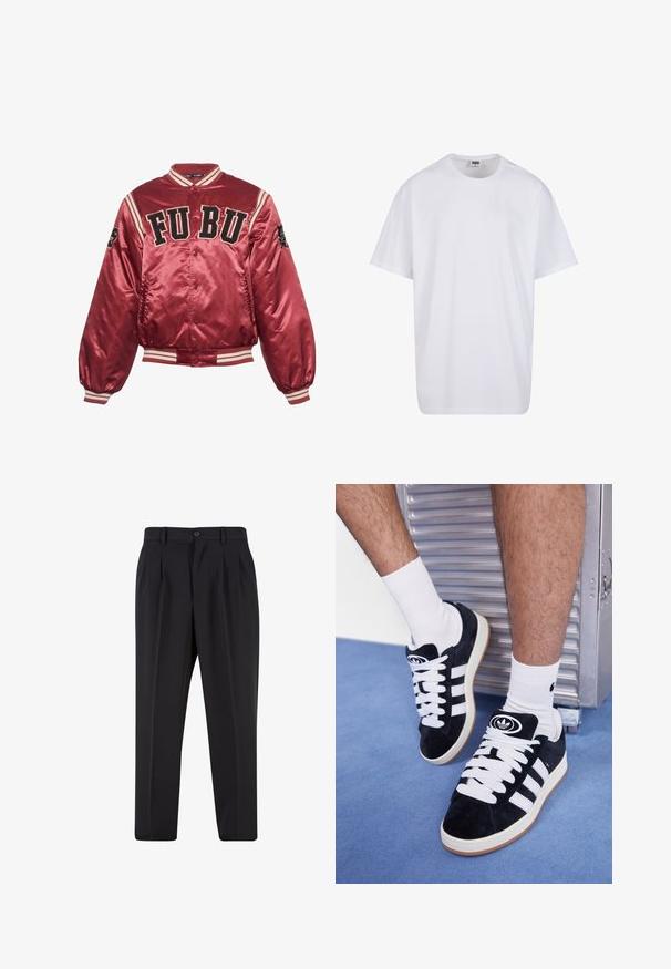 Červená saténová bomber bunda s rebrovanými manžetami a lemom. Vyšívané logo FUBU na prednej strane; čierne akcenty a pruhované detaily na rukávoch.; Biela bavlnená tričko s krátkymi rukávmi, okrúhlym výstrihom, uvoľneným strihom a žiadnymi viditeľnými logami alebo vzormi. Hladká textúra a minimálny dizajn.; Čierne nohavice s plisovaným predným dizajnom, vyrobené z hladkej látky. Majú zapínanie na gombík a pútka na opasok; rovný strih.; Čierne semišové tenisky s bielymi šnúrkami a tromi bielymi pruhmi. Obsahujú kruhové čierne logo na jazyku a gumovú podrážku.