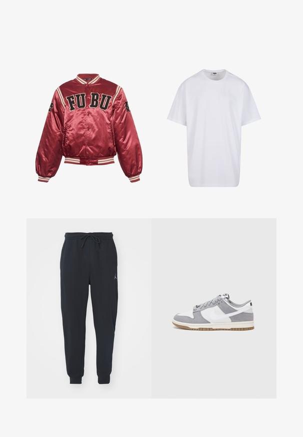 Rød sateng bomberjakke med ribbede mansjetter og kant. FUBU brodert logo på forsiden; svarte detaljer og stripete dekorasjon på ermene.; Hvit bomull t-skjorte med korte ermer, rund utringning, avslappet passform, og ingen synlige logoer eller mønstre. Glatt tekstur og minimalistisk design.; Svart joggebukse laget av myk stoff, med elastisk midje med snøring, ribbede mansjetter og en liten logo på venstre lår.; Grå og hvite sneakers med overdel i semsket skinn og lær, rund tå, flate lisser, og gummisåle med gummibelegg.