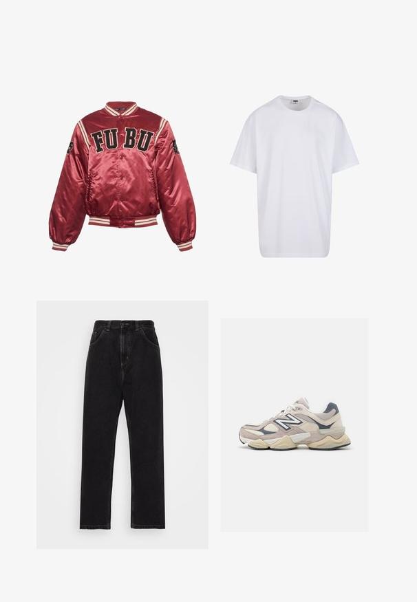 Rdeča satenska bomber jakna z rebrastimi manšeti in robom. Vezena FUBU logo spredaj; črni detajli in črtasti vzorec na rokavih.; Bela bombažna majica s kratkimi rokavi, okroglim izrezom, sproščenim krojem in brez vidnih logotipov ali vzorcev. Gladka tekstura in minimalen dizajn.; Črne denimske hlače s ravnim krojem, ki imajo pet žepov, zapiranje z gumbom in zadrgo ter kontrastno rumeno šivanje.; Svetlo roza in bež superge z mrežastimi in semiš materiali. Imajo bel logo, teksturirane prevleke in vzmeteno podplato. Okrogla oblika.
