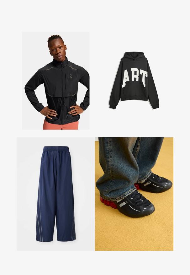 Črna lahko jakna z visokim ovratnikom, zadrgo spredaj in refleksnimi detajli. Teksturna tkanina s rahlim leskom, zasnovana za aktivno nošenje.; Črna kapuca s belim napisom "ART". Ima sprednji žep, dolge rokave in kapuco. Narejena je iz mehkega materiala z ohlapnim krojem.; Temnomodre široke hlače z elastičnim pasom in stranskimi črtami v svetlejši odtenek. Narejene iz gladkega, lahkega materiala.; Črne športne čevlje z mrežasto zgornjim delom, sijočimi poudarki in rdečo oblazinjenjem na podplatu, v kombinaciji z modrimi jeans hlačami.