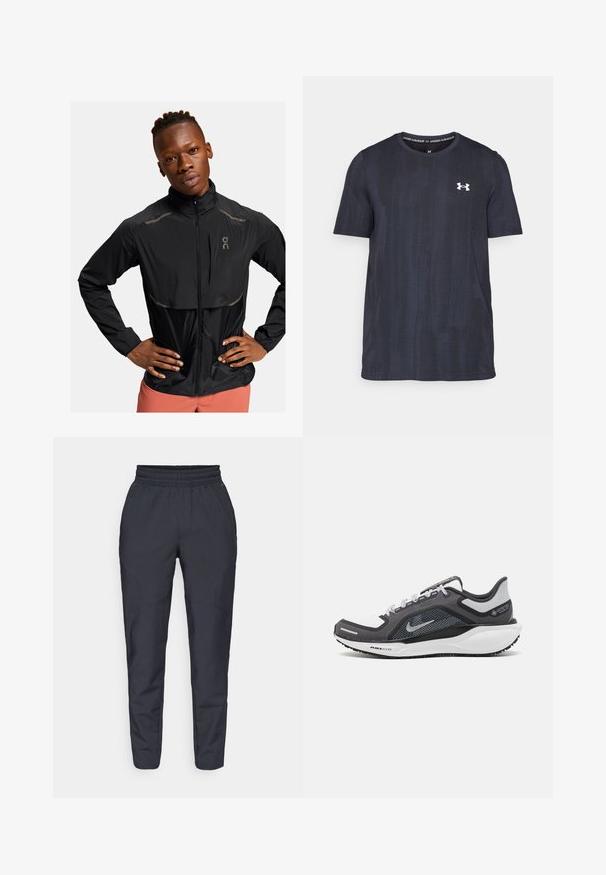 Zwarte lichtgewicht jas met een hoge kraag, ritsvoorzijde en reflecterende accenten. Gestructureerde stof met een lichte glans, ontworpen voor actieve kleding.; Donkerblauwe t-shirt met korte mouwen, gemaakt van ademend materiaal, met een gestructureerd patroon en een wit Under Armour-logo op de borst.; Marineblauwe tapered broek van zachte stof, voorzien van een elastische tailleband, zijzakken en een gladde textuur met subtiele stikseldetails.; Zwarte en grijze sportschoen met een bovenwerk van mesh, reflecterende accenten en een witte tussenzool. Beschikt over een gestructureerde rubberen zool en veters.