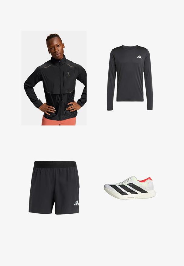 Black lightweight jacket with a high collar, zip front, and reflective accents. Textured fabric and slight sheen, designed for active wear.; Black long-sleeve athletic shirt made of smooth, lightweight fabric featuring a small white logo on the upper left. Simple and fitted design.; Black athletic shorts with an elastic waistband, featuring a smooth texture and a reflective white logo on the lower left side.; White athletic shoe with black diagonal stripes, red accents at the heel, and a textured upper; features LIGHTSTRIKE PRO cushioning.