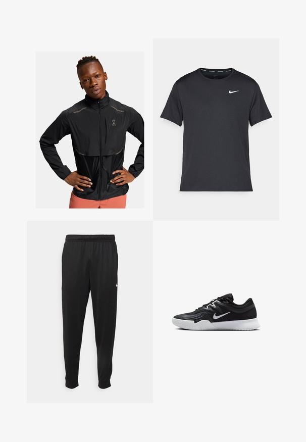 Zwarte lichtgewicht jas met een hoge kraag, ritsvoorzijde en reflecterende accenten. Gestructureerde stof met een lichte glans, ontworpen voor actieve kleding.; Zwarte Nike hardloop T-shirt gemaakt van lichtgewicht, ademend materiaal, met korte mouwen en een klein wit logo op de borst.; Zwarte sportbroek gemaakt van gladde stof, met een elastische tailleband, taps toelopende pijpen en een klein wit logo aan de linkerzijde.; Zwarte sportieve schoen met een gestructureerde bovenkant, witte Nike swoosh en een witte rubberen zool. Beschikt over een veterontwerp en een dynamische vorm.